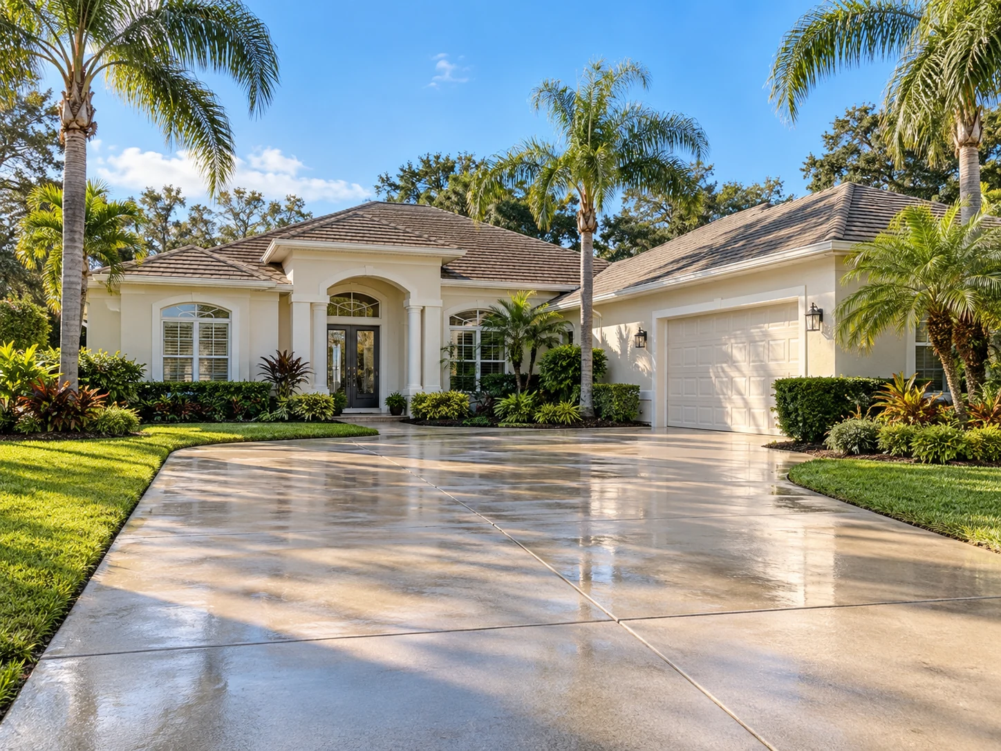 Illustration of a Florida home with a clean driveway, palms, and a tidy green lawn